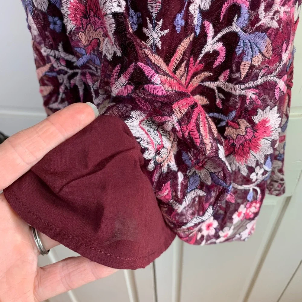 Free People Burgundy Floral Embroidered Lace Mini Dress Open Back Size 4 READ
